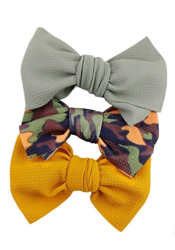 Bambimici - Mira Big Ribbon Bow Headband For Babies - Green/Yellow/Army Print - 3 Pcs