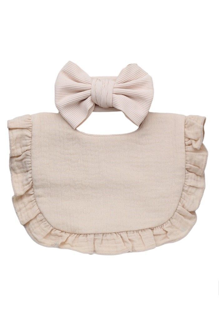 Bambimici - Ava Small Ribbon Headband And Baby Bib Set - Light Beige