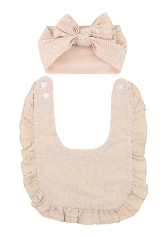 Bambimici - Ava Small Ribbon Headband And Baby Bib Set - Light Beige