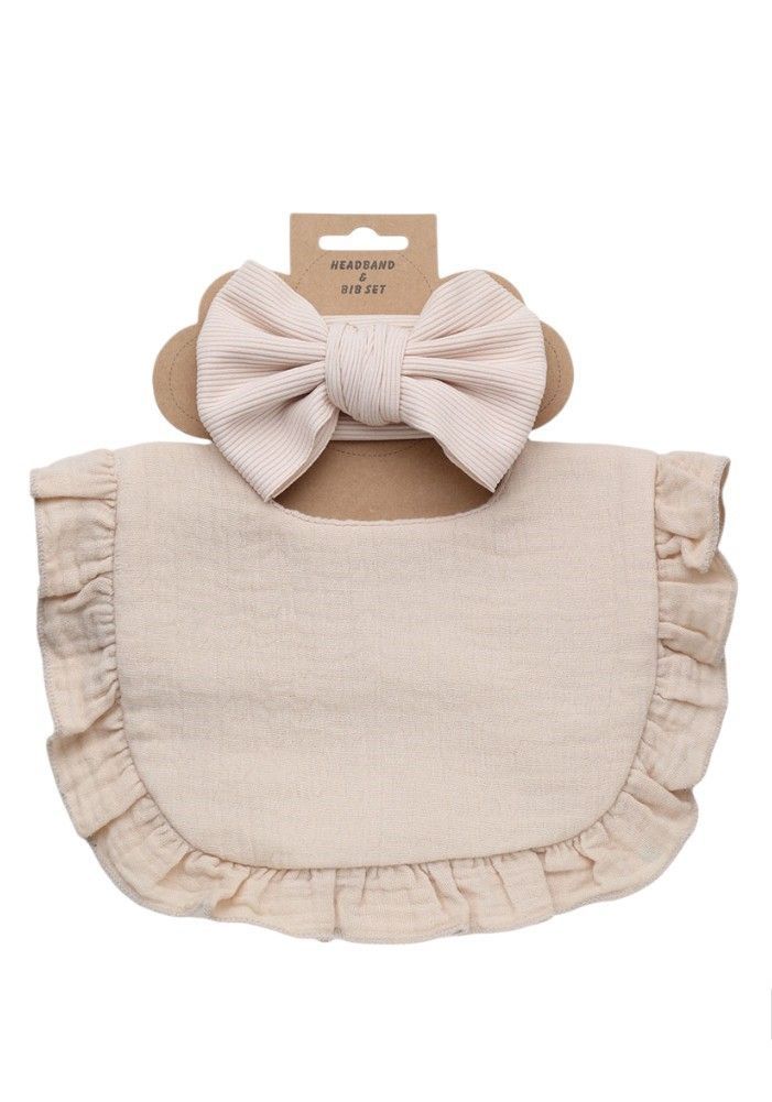 Bambimici - Ava Small Ribbon Headband And Baby Bib Set - Light Beige