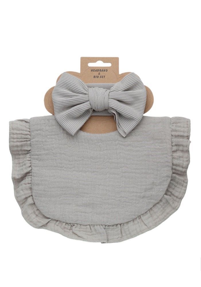 Bambimici - Ava Small Ribbon Headband And Baby Bib Set - Grey