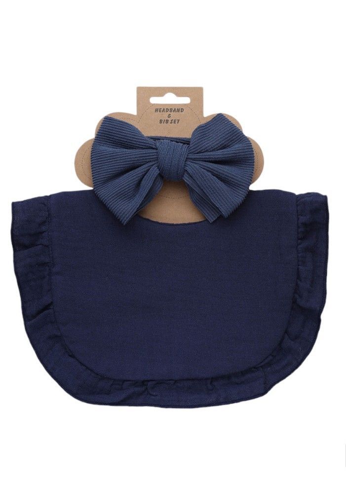 Bambimici - Ava Small Ribbon Headband And Baby Bib Set - Navy Blue