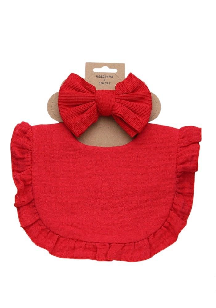 Bambimici - Ava Ribbon Headband & Baby Bib Set - Red - Small - 2 Pcs