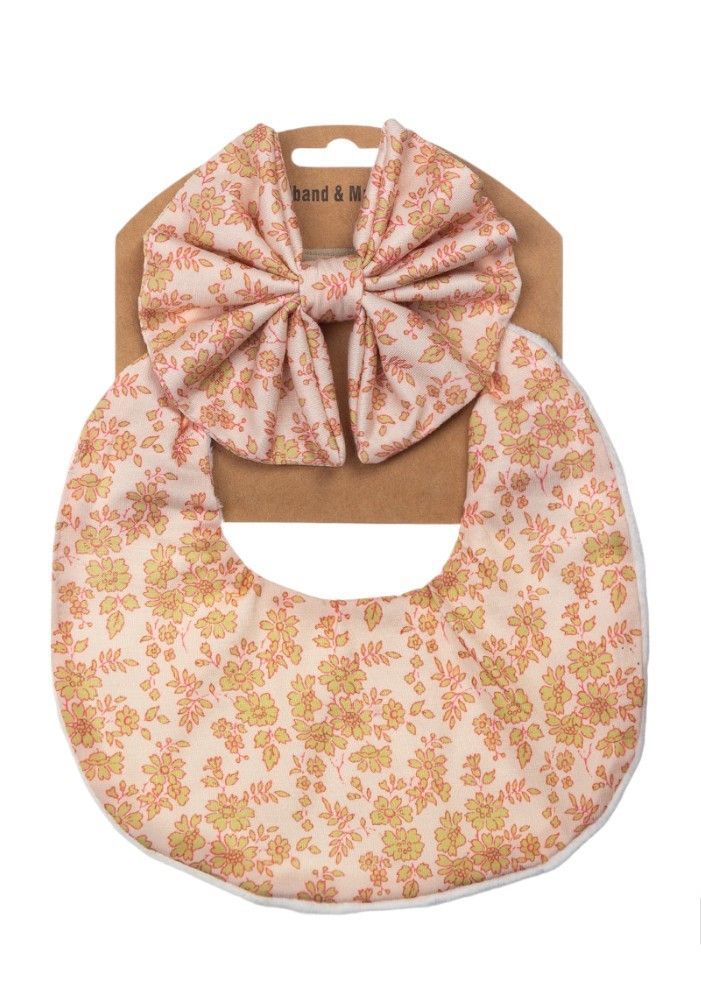 Bambimici - Luna Ribbon Headband & Baby Bib Set - Peach - 2 Pcs