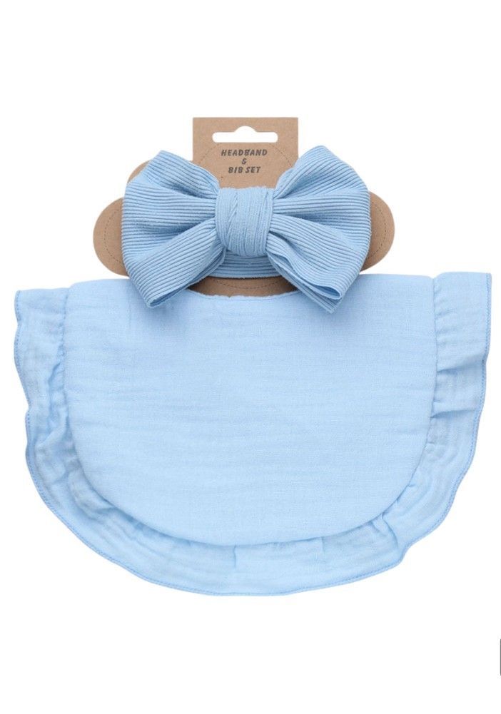 Bambimici - Ava Small Ribbon Headband And Baby Bib Set - Baby Blue