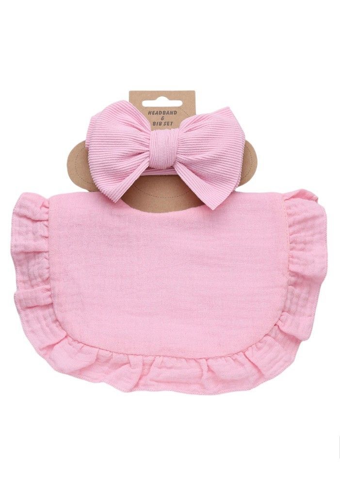 Bambimici - Ava Small Ribbon Headband And Baby Bib Set - Baby Pink