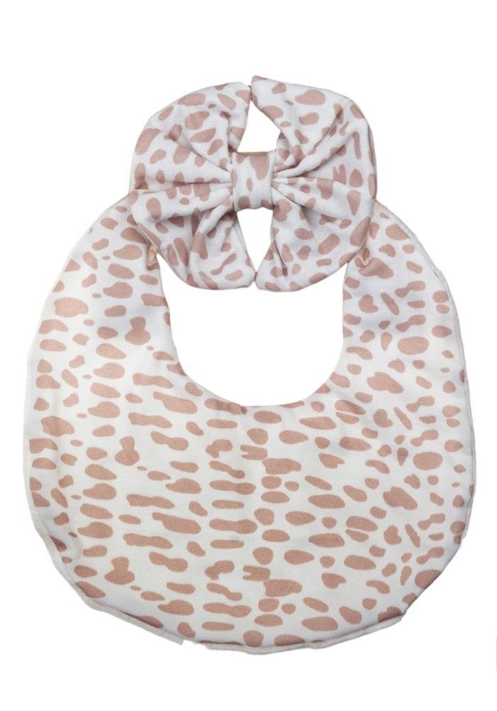 Bambimici - Luna Animal Printed Ribbon Headband & Baby Bib Set - Beige - 2 Pcs