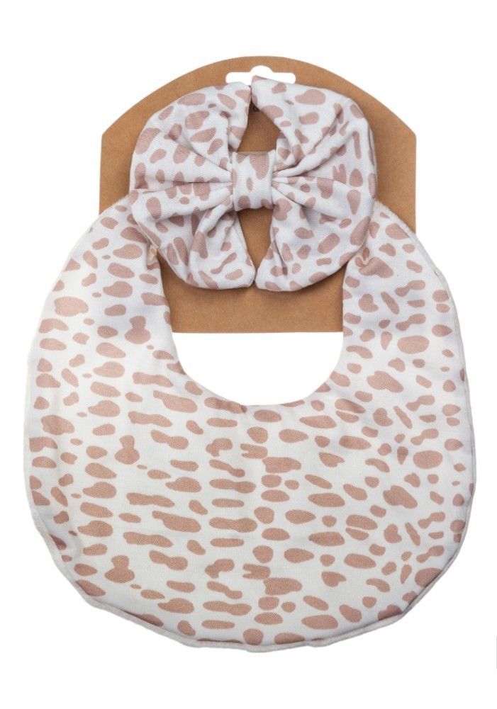 Bambimici - Luna Animal Printed Ribbon Headband & Baby Bib Set - Beige - 2 Pcs