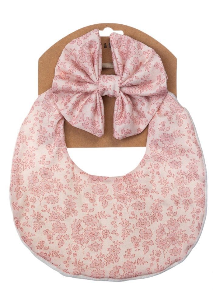 Bambimici - Luna Floral Ribbon Headband & Baby Bib Set - Light Pink - 2 Pcs