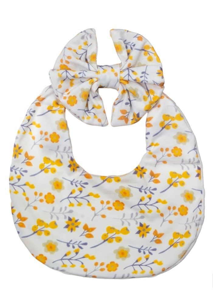 Bambimici - Luna Floral Ribbon Headband & Baby Bib Set - White/Yellow - 2 Pcs