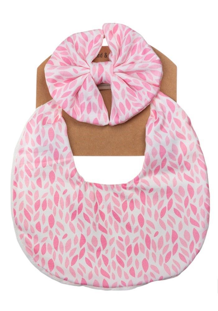 Bambimici - Luna Printed Ribbon Headband & Baby Bib Set - Pink - 2 Pcs