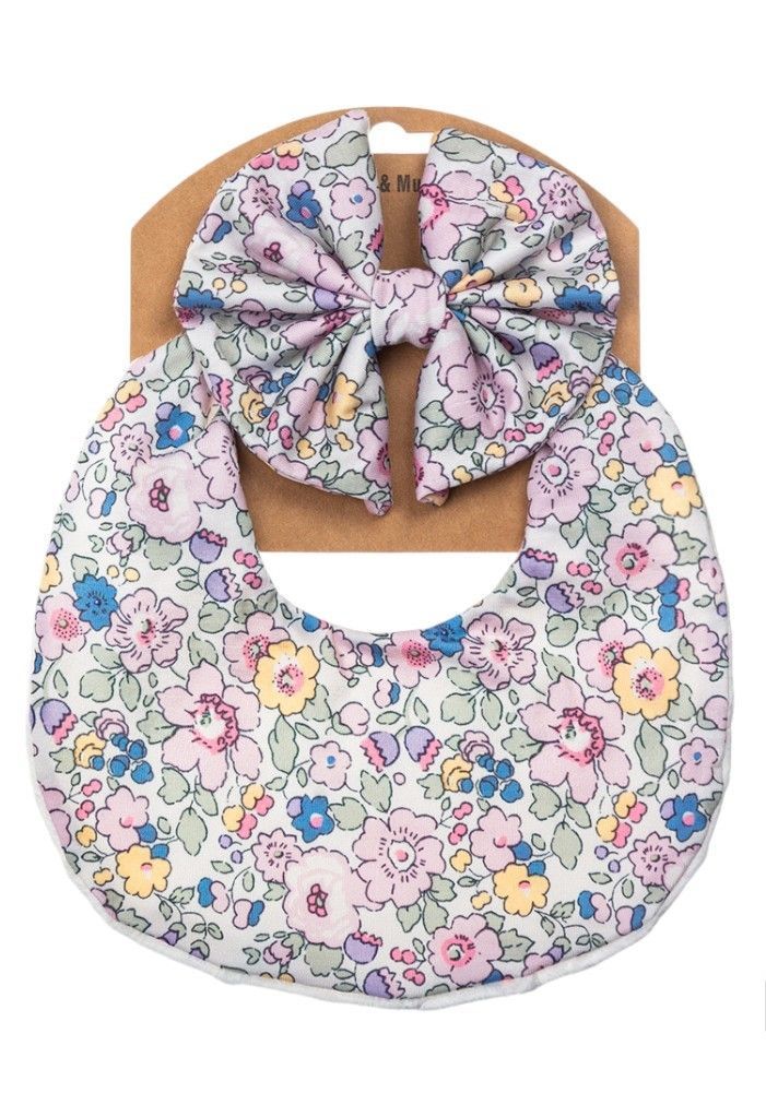 Bambimici - Luna Floral Ribbon Headband & Baby Bib Set - Lavender - 2 Pcs