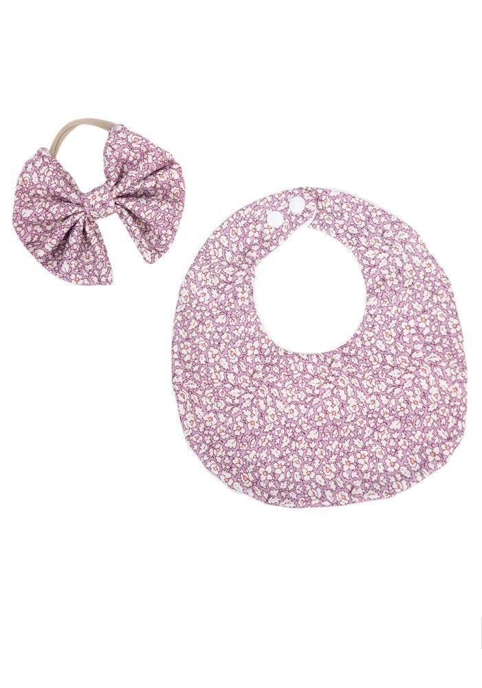 Bambimici - Luna Floral Ribbon Headband & Baby Bib Set - Dark Pink - 2 Pcs