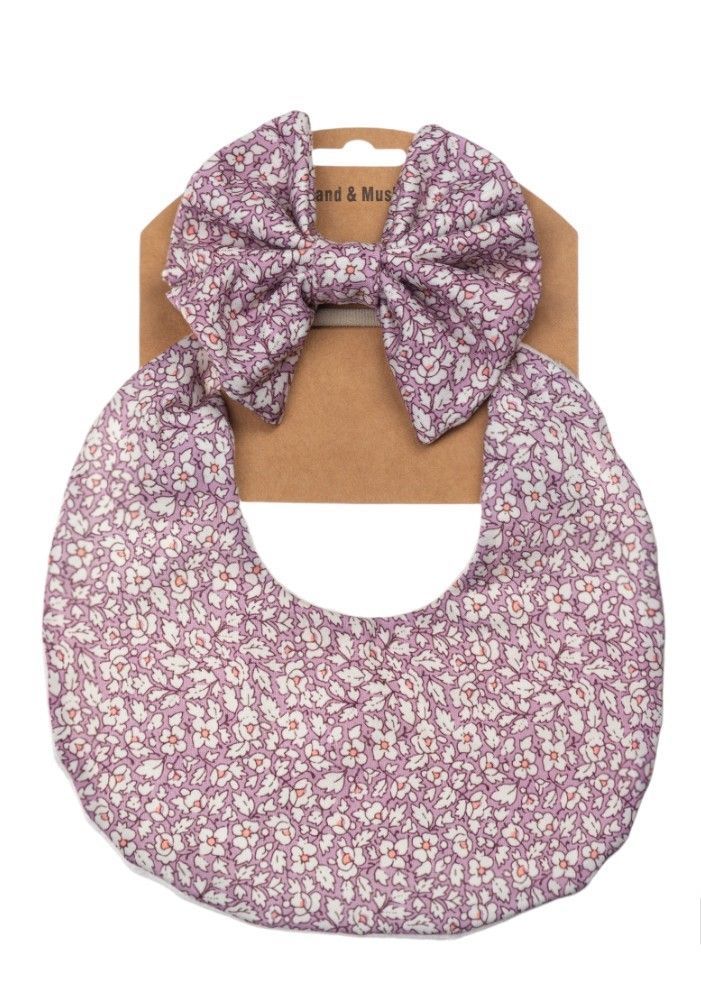 Bambimici - Luna Floral Ribbon Headband & Baby Bib Set - Dark Pink - 2 Pcs