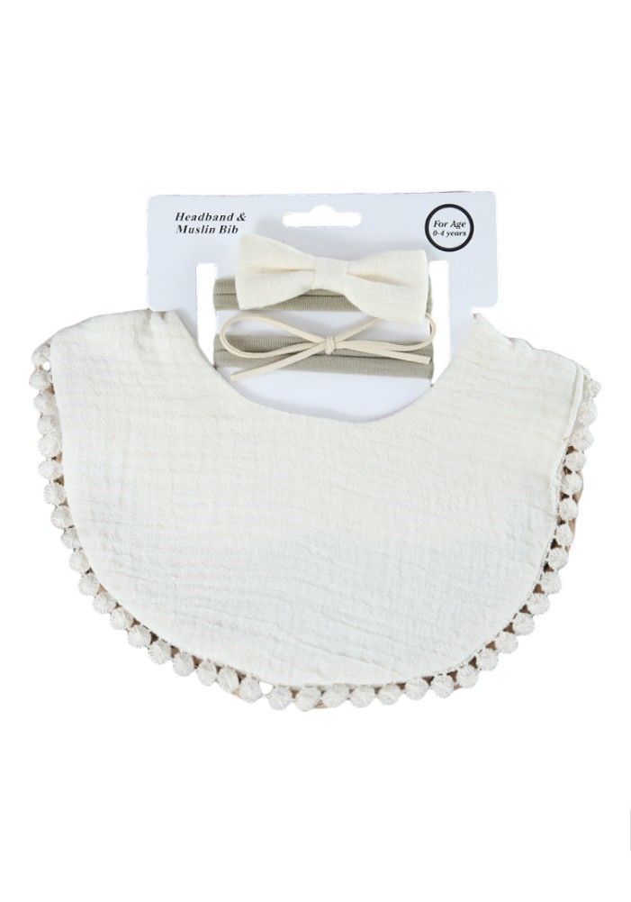 Bambimici - Sophia Set Of Baby Bib And Ribbon Headband - Cream