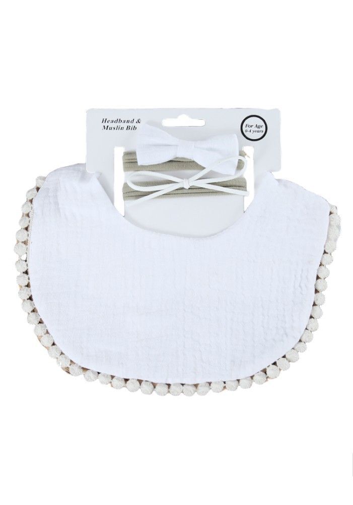 Bambimici - Sophia Set Of Baby Bib And Ribbon Headband - 
 White