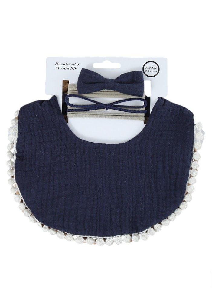 Bambimici - Sophia Ribbon Headband & Baby Bib Set - Navy Blue - 2 Pcs