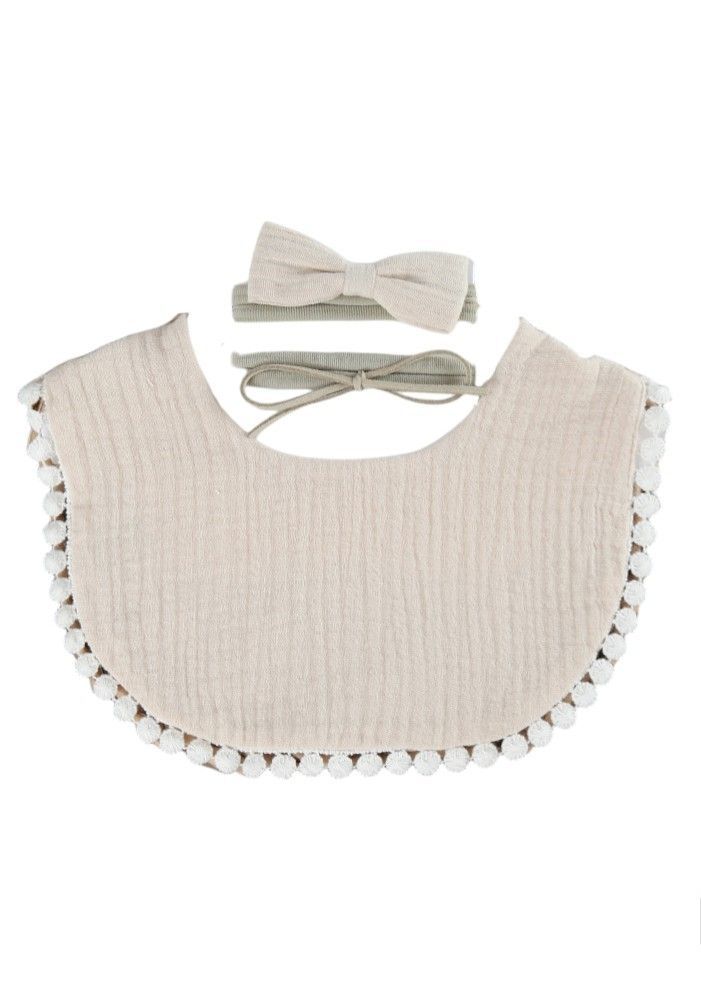 Bambimici - Sophia Set Of Baby Bib And Ribbon Headband - Beige