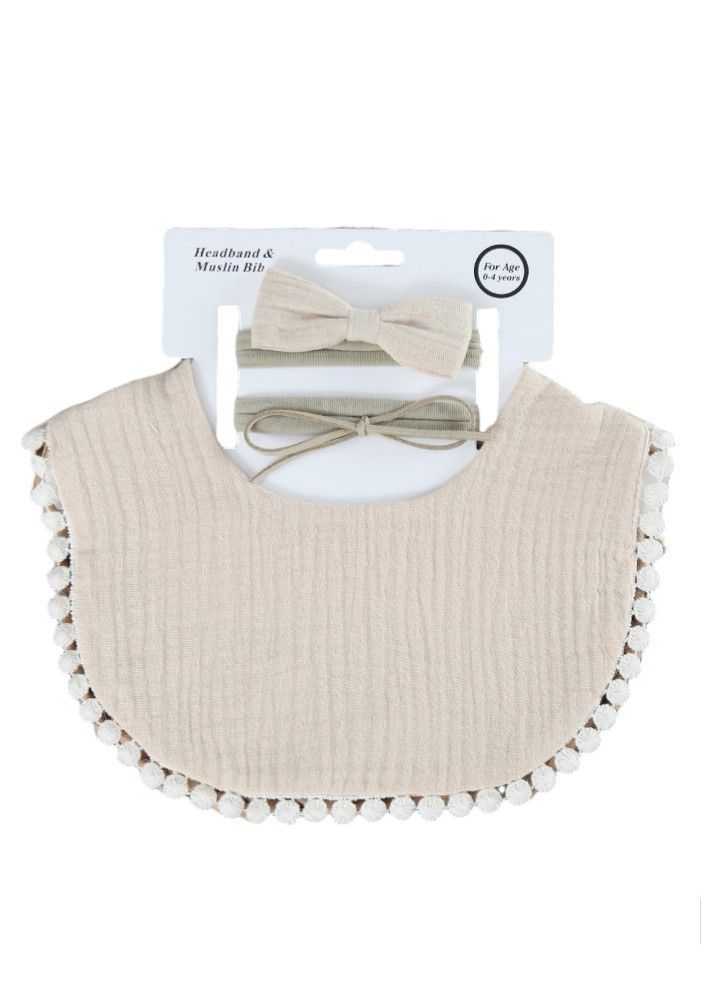 Bambimici - Sophia Set Of Baby Bib And Ribbon Headband - Beige