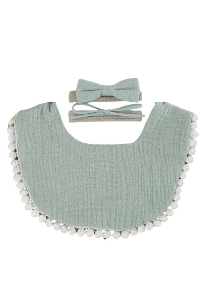 Bambimici - Sophia Set Of Baby Bib And Ribbon Headband - Sage Green