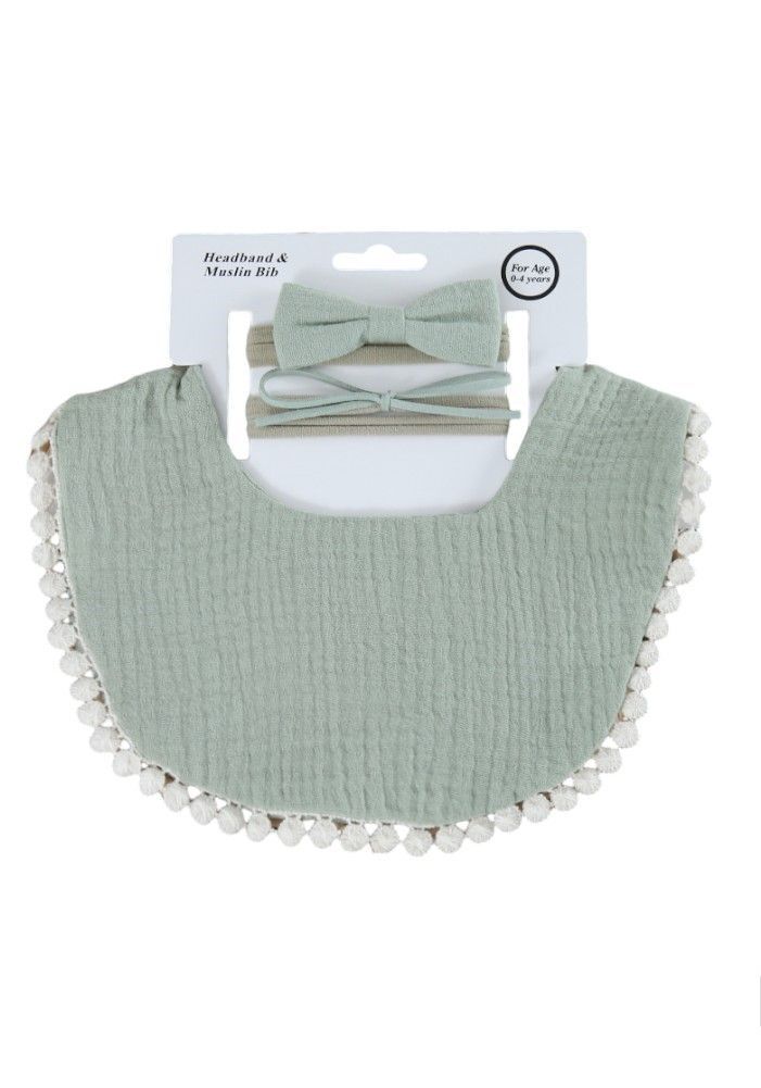 Bambimici - Sophia Set Of Baby Bib And Ribbon Headband - Sage Green