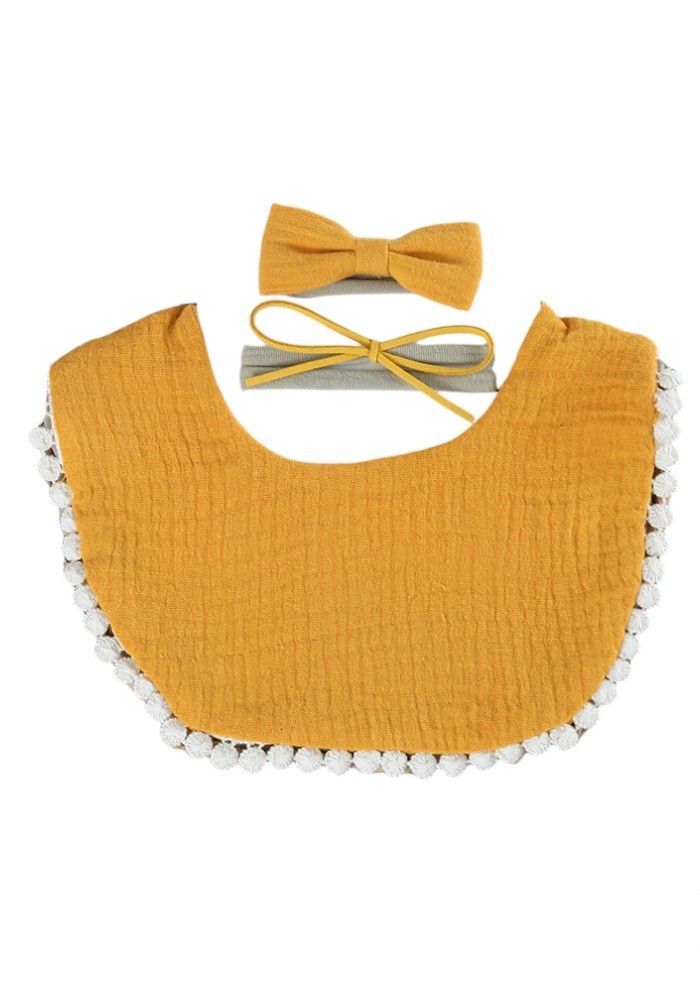 Bambimici - Sophia Set Of Baby Bib And Ribbon Headband - Mustard Yellow