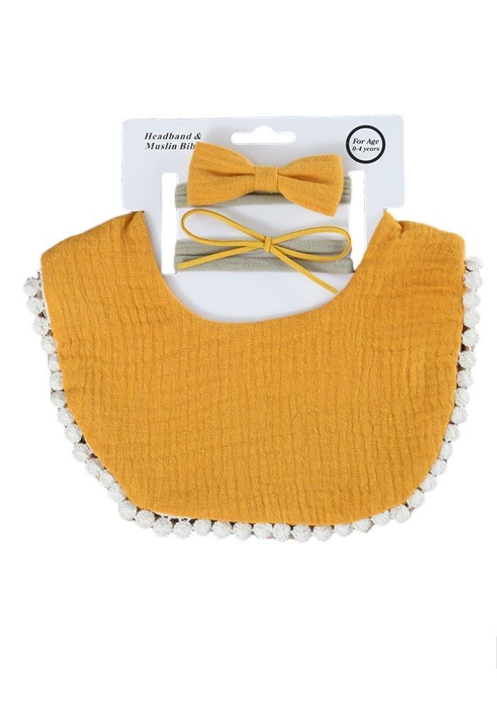 Bambimici - Sophia Set Of Baby Bib And Ribbon Headband - Mustard Yellow