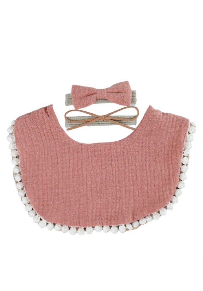 Bambimici - Sophia Set Of Baby Bib And Ribbon Headband - Old Rose