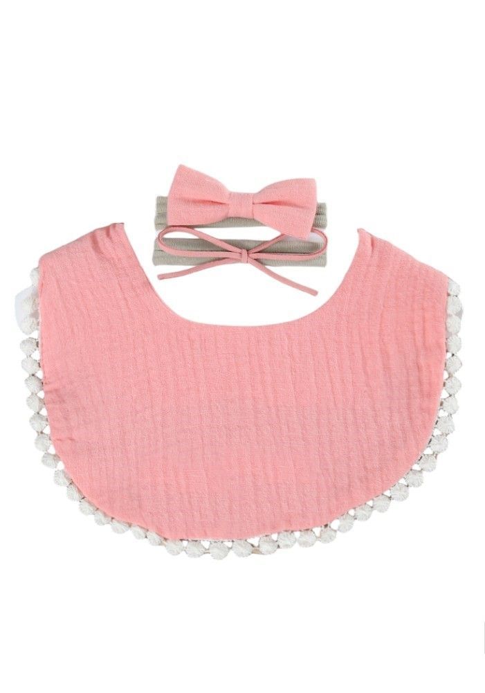 Bambimici - Sophia Set Of Baby Bib And Ribbon Headband - Coral Pink