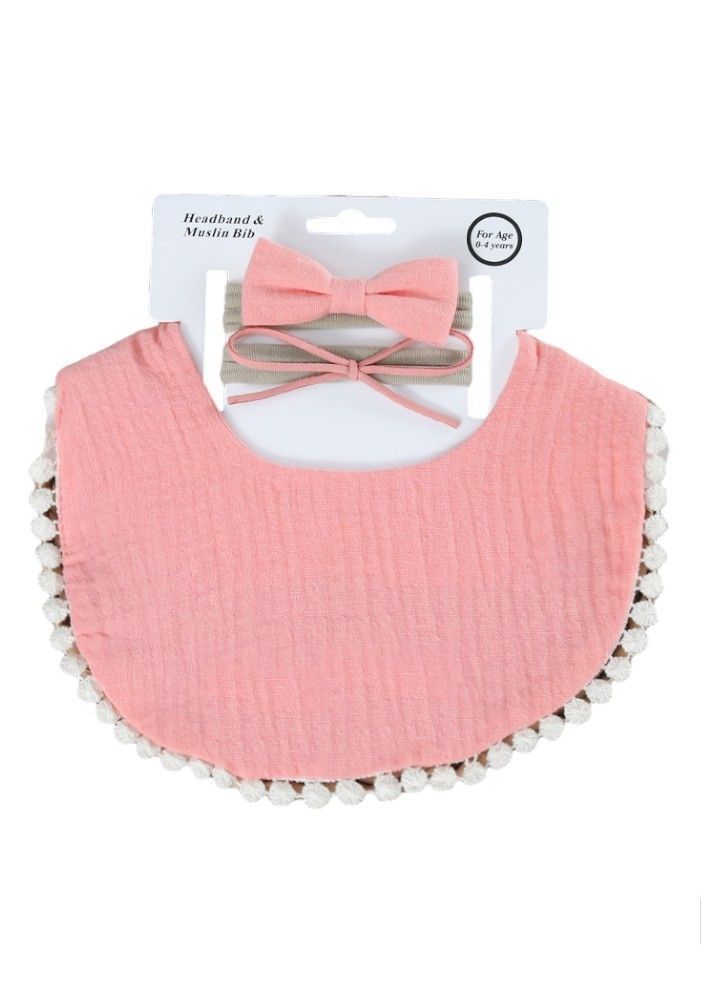 Bambimici - Sophia Set Of Baby Bib And Ribbon Headband - Coral Pink