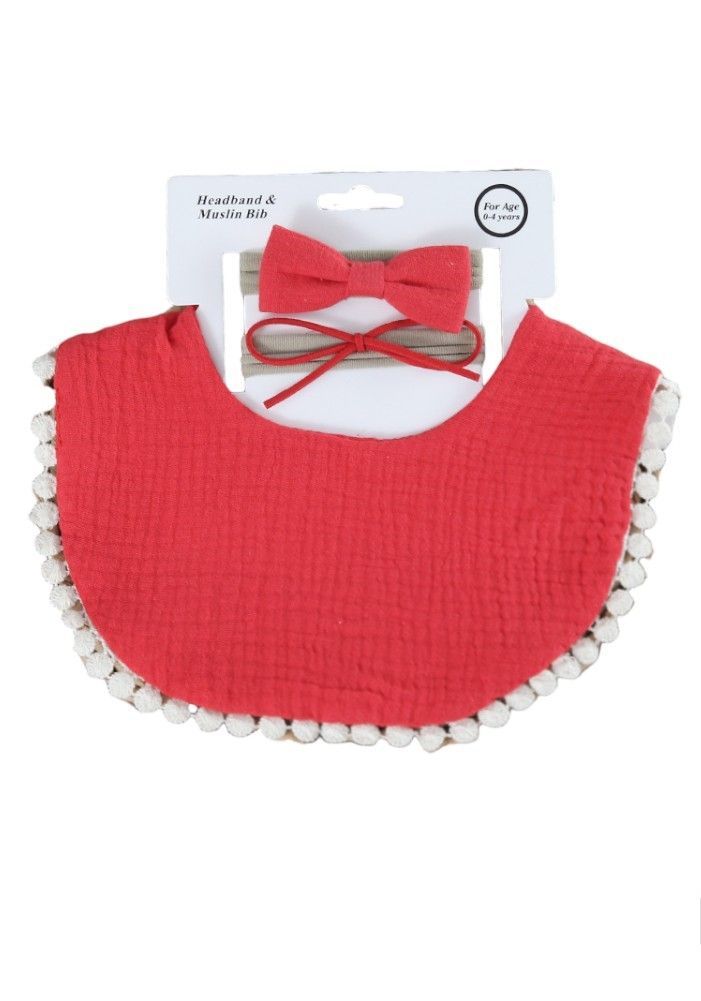 Bambimici - Sophia Set Of Baby Bib And Ribbon Headband - Red