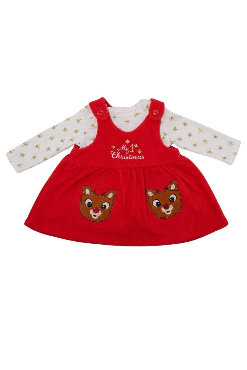 Bambimici - 2pc-Set - Girl's 1st Christmas Printed Bodysuit & Jumpskirt - Red