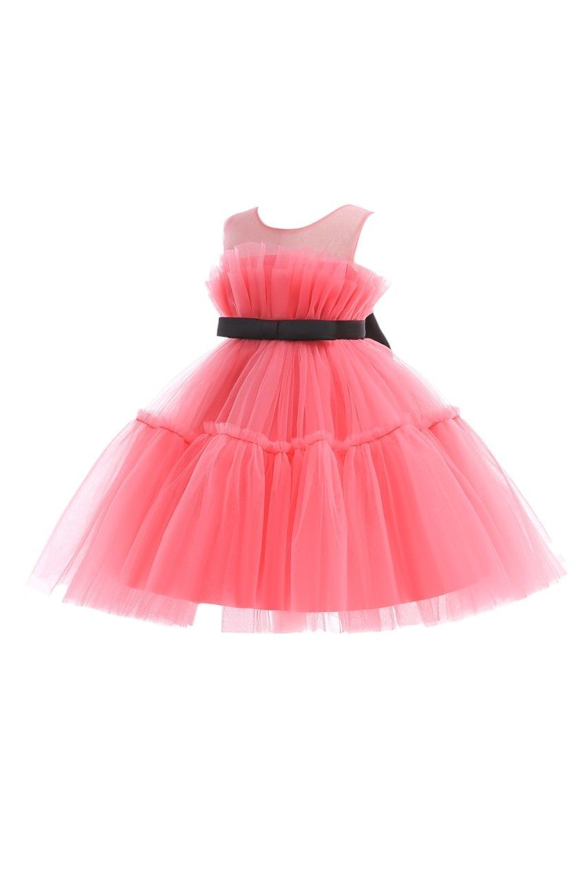 D' Daniela - Girls' Bow Detail Ruffle Hem Mesh Gown Dress - Pink