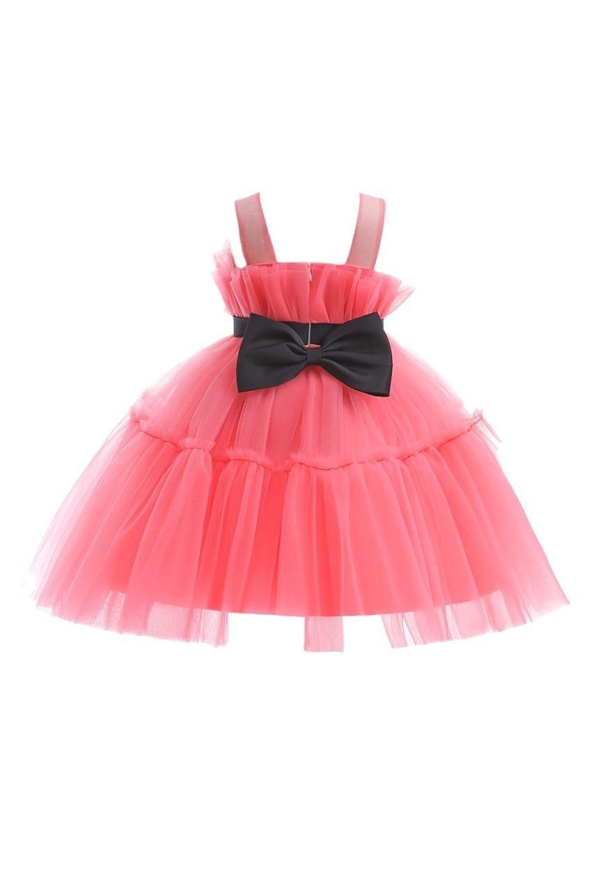 D' Daniela - Girls' Bow Detail Ruffle Hem Mesh Gown Dress - Pink