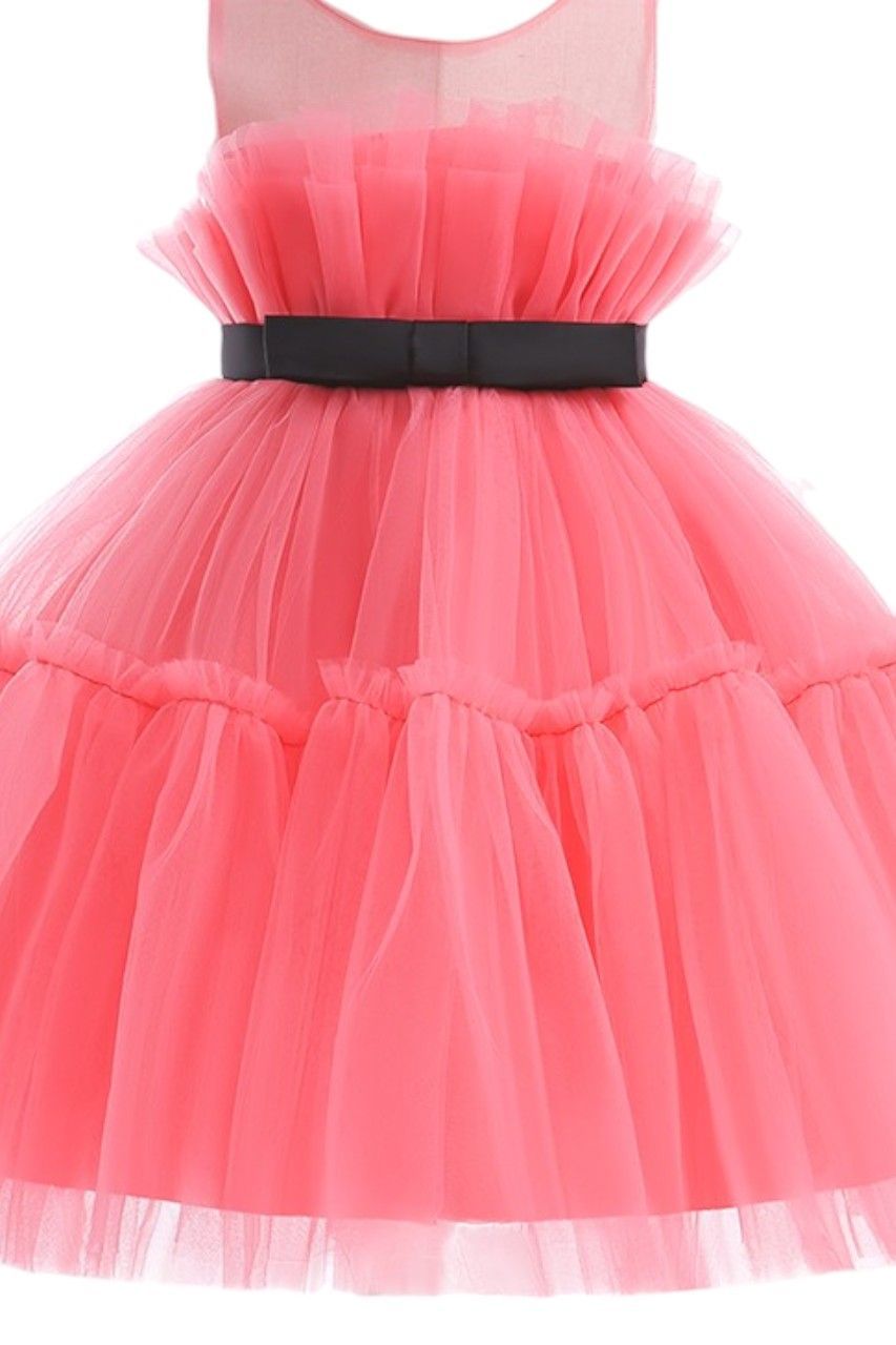 D' Daniela - Girls' Bow Detail Ruffle Hem Mesh Gown Dress - Pink