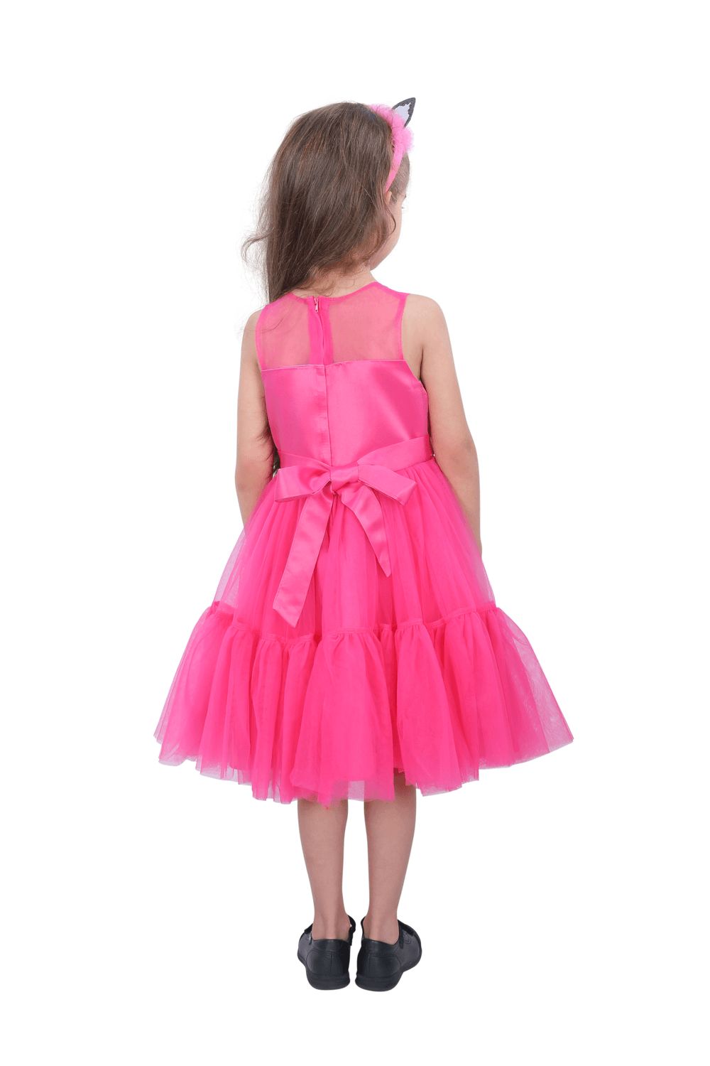 D' Daniela - Girl's Bow Front Ruffle Hem Mesh Gown Dress - Baby Pink