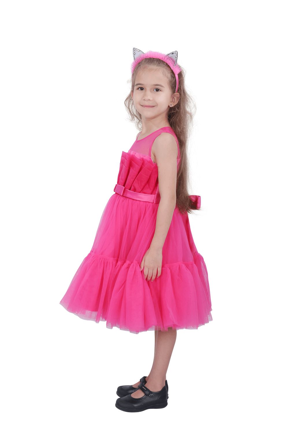 D' Daniela - Girl's Bow Front Ruffle Hem Mesh Gown Dress - Baby Pink