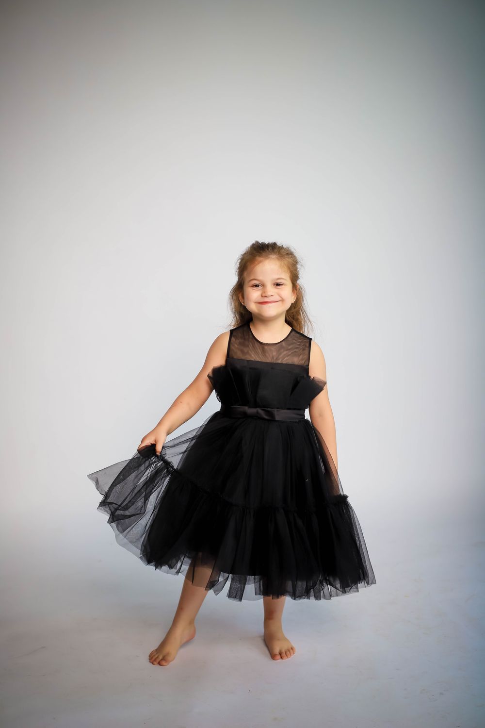 D' Daniela - Girl's Bow Front Ruffle Hem Mesh Gown Dress - Black_80cm