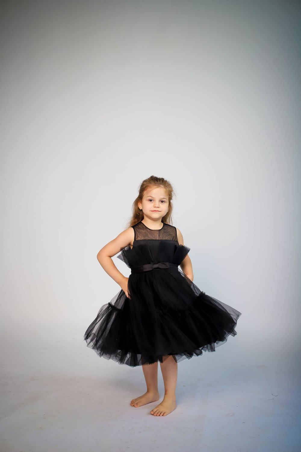 D' Daniela - Girl's Bow Front Ruffle Hem Mesh Gown Dress - Black_80cm