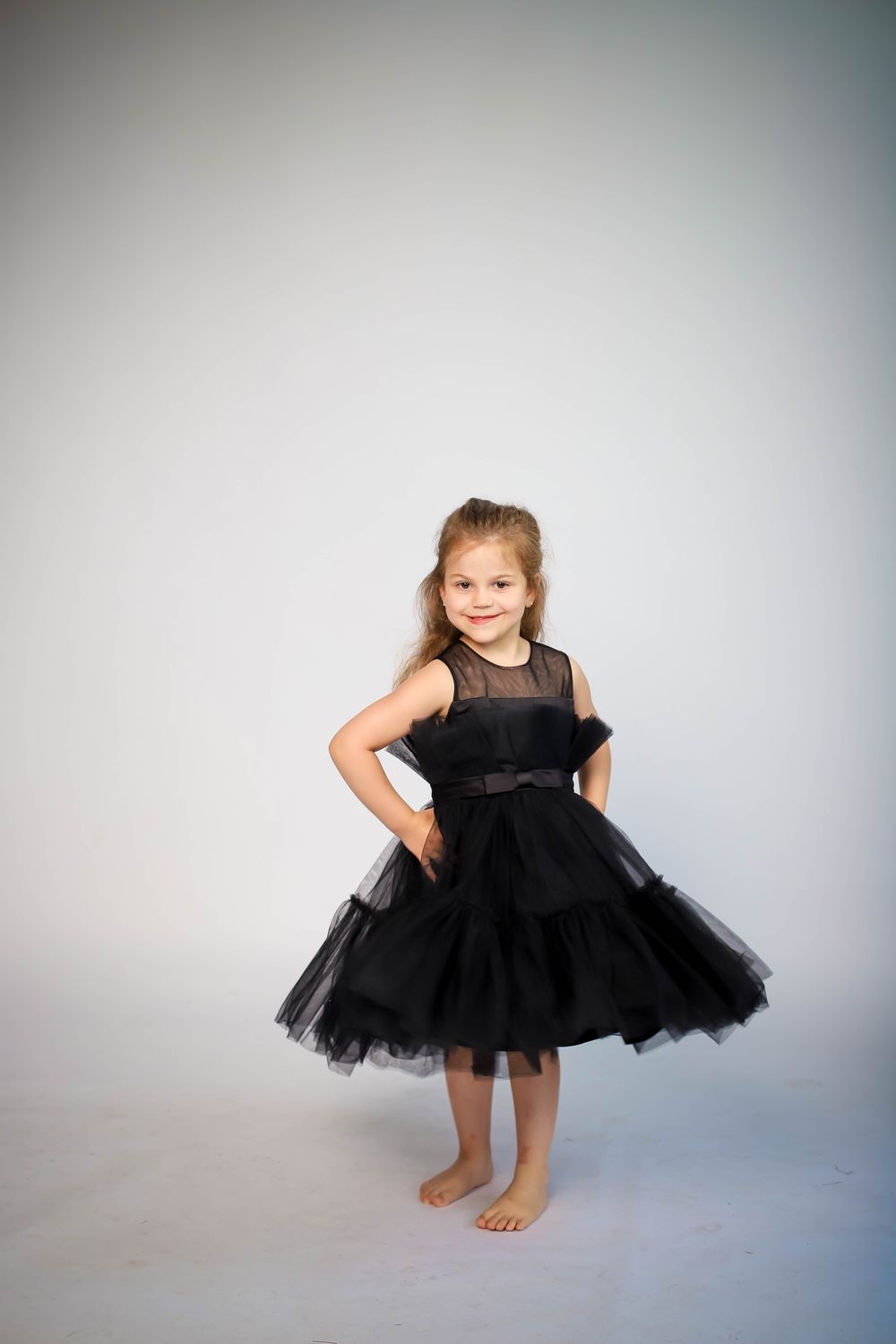 D' Daniela - Girl's Bow Front Ruffle Hem Mesh Gown Dress - Black_80cm