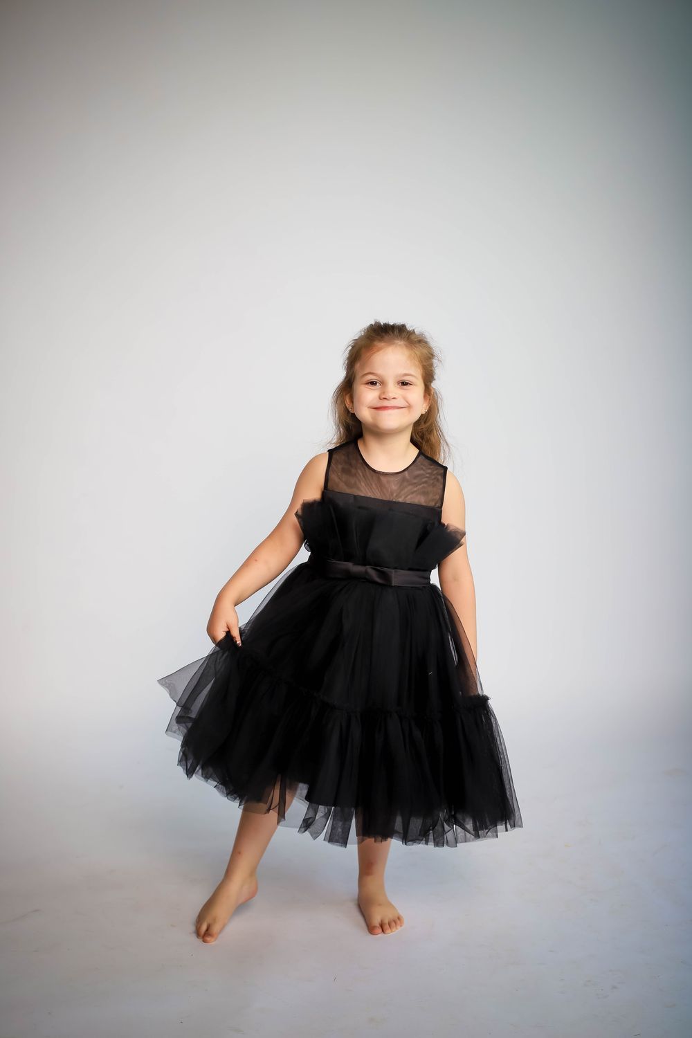 D' Daniela - Girl's Bow Front Ruffle Hem Mesh Gown Dress - Black_80cm