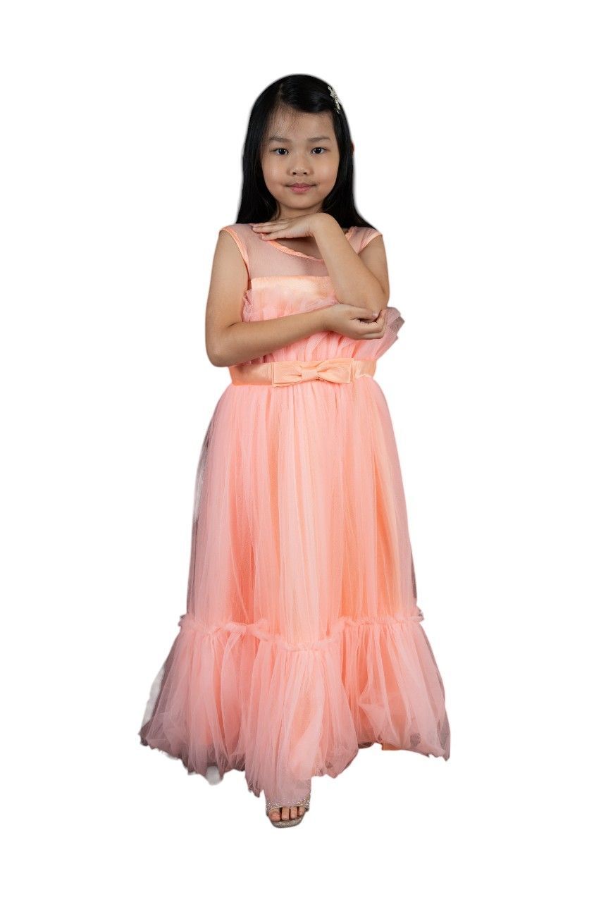 D' Daniela - Bow Detail Tulle Dress With Belt - Peach