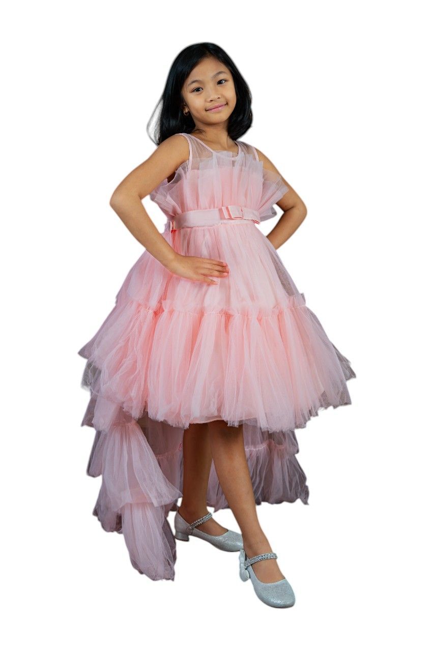 D' Daniela - Girls' Front Ruffle Hem Gown Dress - Light Pink