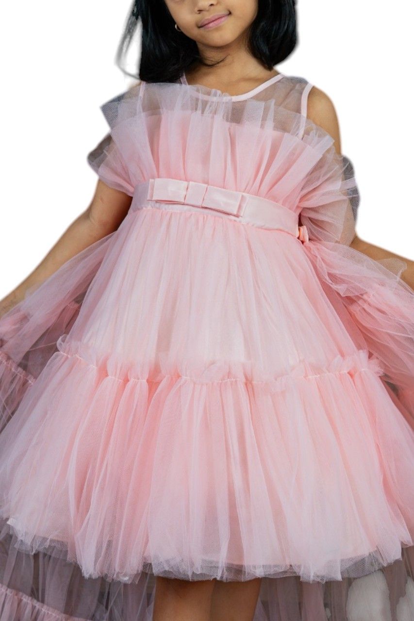 D' Daniela - Girls' Front Ruffle Hem Gown Dress - Light Pink