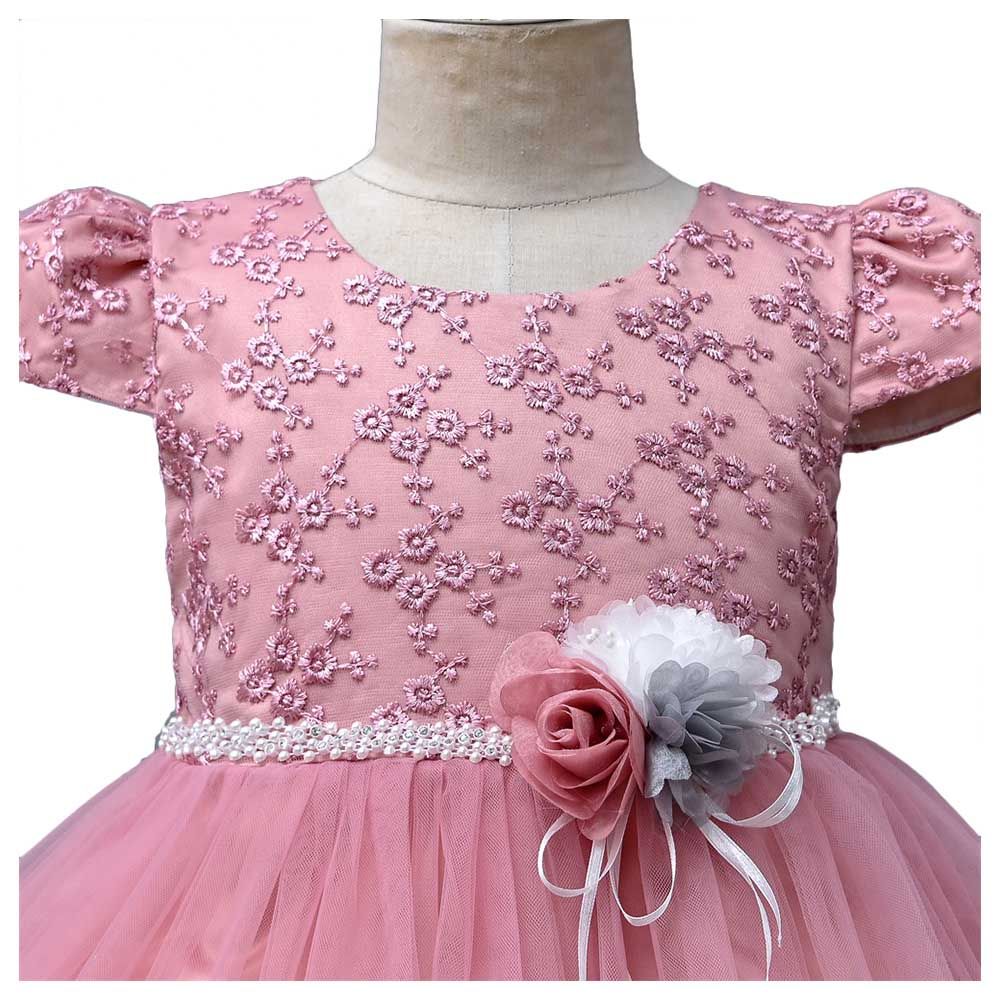 Ddaniela - Delia Flower Party Dress with Headband - Dark Pink