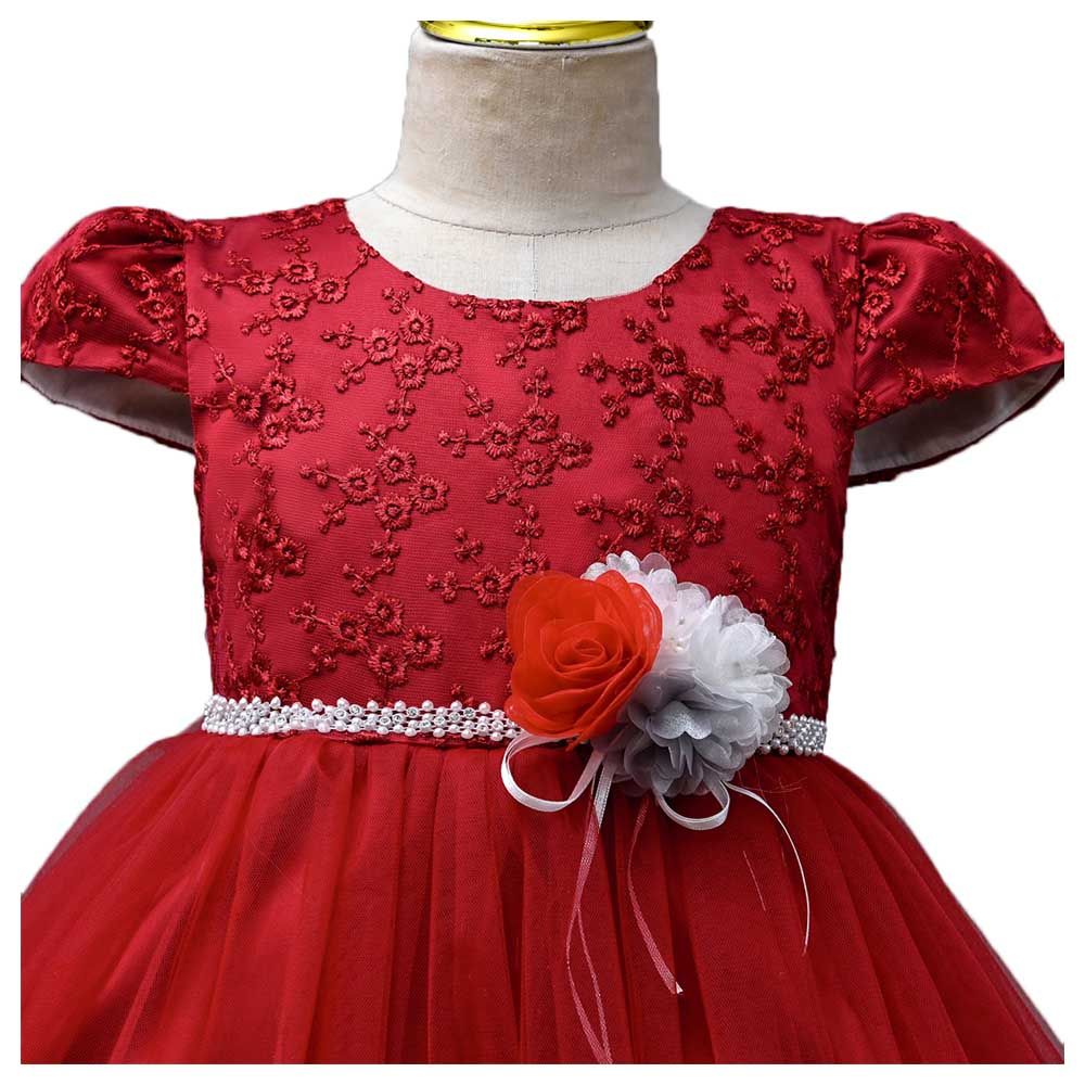 Ddaniela - Delia Flower Party Dress with Headband - Red