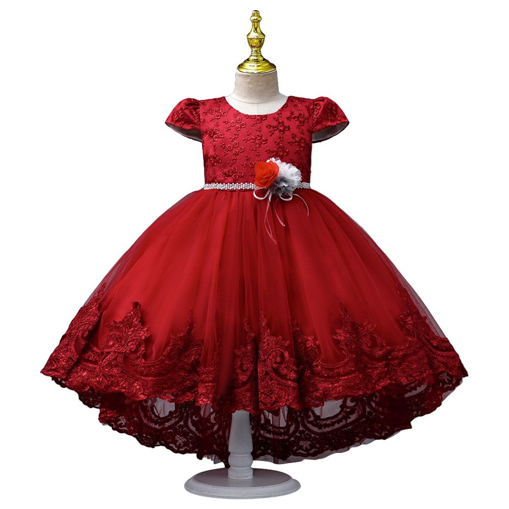 Ddaniela - Delia Flower Party Dress with Headband - Red