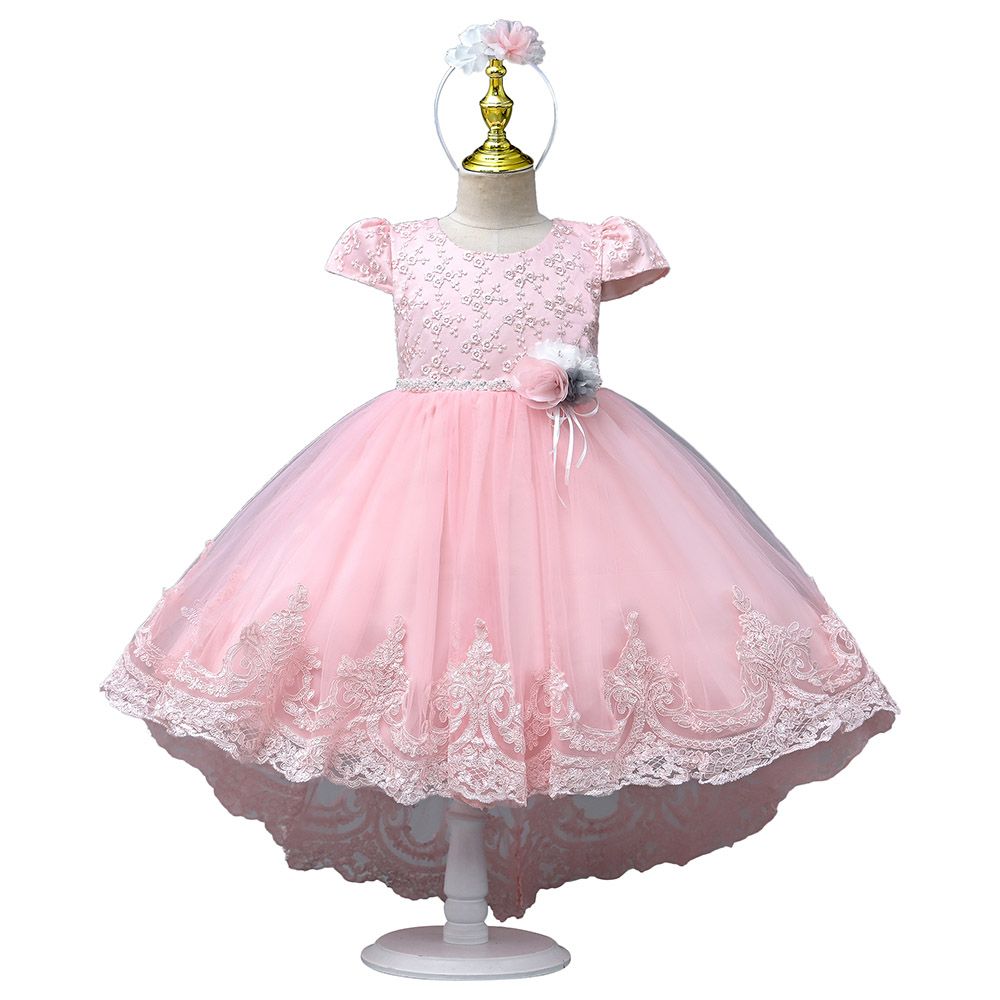 Ddaniela - Delia Flower Party Dress with Headband - Pink