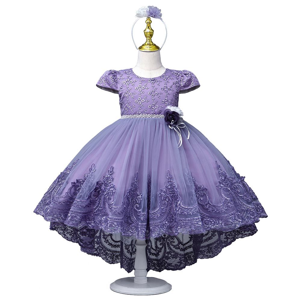 Ddaniela - Delia Flower Party Dress with Headband - Purple