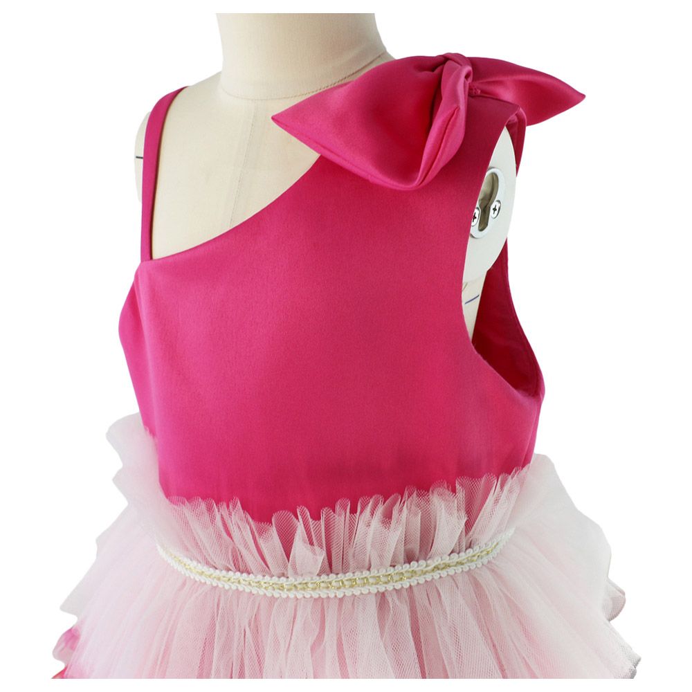 Ddaniela - Girls Bow Front Side Layered Dress - Dark Pink